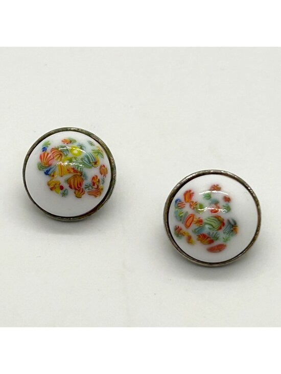 Estate Jewelry - Vintage Hand Painted Porcelain Clip-On Earrings Floral Motif 3/4" Silver-tone